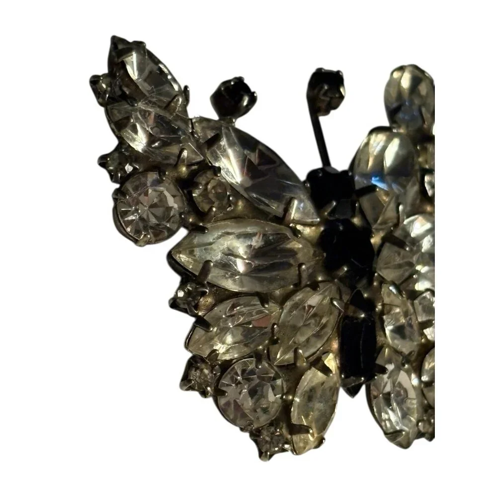 Butterfly Rhinestone Brooch Pin VTG‎ Black & Clear Rhinestones Silver Tone Retro